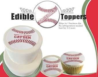 Edible Custom baseball birthday cake, cookies and cupcake toppers. Round picture made from sugar  paper frosting sheet