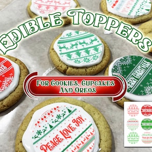 Pre-cut Merry Christmas edible images for cupcakes, cookies, oreos. Circle toppers disc happy holidays, Frosting sugar paper sweater pattern