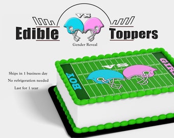 Football helmet Pink Vs Blue gender reveal edible topper for cakes. Picture made with sugar frosting paper baby boy girl Touchdown