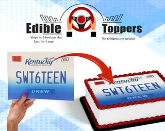 May include: Edible cake topper featuring a blue and white Kentucky license plate with the text "SWT6TEEN" and "DREW".