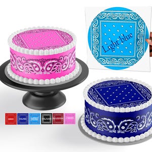 Edible bandana hanky pattern and handkerchiefs for cakes square or round. Frosting paper strips to wrap around sides. red blue pink black