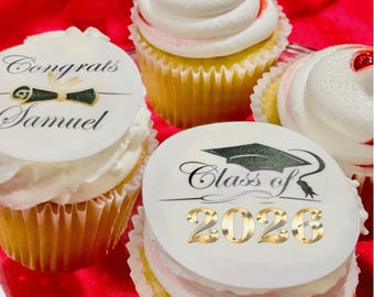 Class of 2026 Custom Graduation edible Cupcake or Oreo Cookie toppers. Frosting sugar paper circles disk