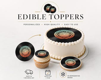 Custom edible Vinyl record cake topper.  LP edible image for round cakes, cookies and cupcakes. Rock N roll, Disco, 70s Sugar frosting paper