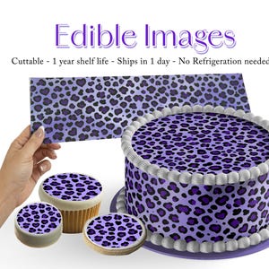May include: A cake, cupcakes, and cookies decorated with a purple leopard print pattern. The cake has white icing around the top. The image also shows a sheet of the edible image and the text "Edible Images".
