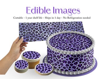 Edible paper Purple leopard or cheetah print pattern for round, star, heart cakes, cupcakes and cookies. Sugar wraps strips tops frosting
