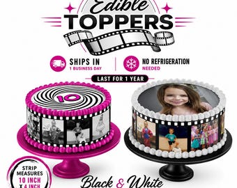 Edible movie Film strips with photographs for wrapping the sides of birthday cakes. Made with frosting sugar paper edible ink. Photo reels