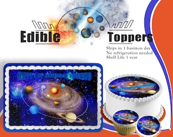 Custom solar system Galaxy edible birthday toppers for cakes, cupcakes, cookies. Images printed on sugar frosting paper, circles or sheets