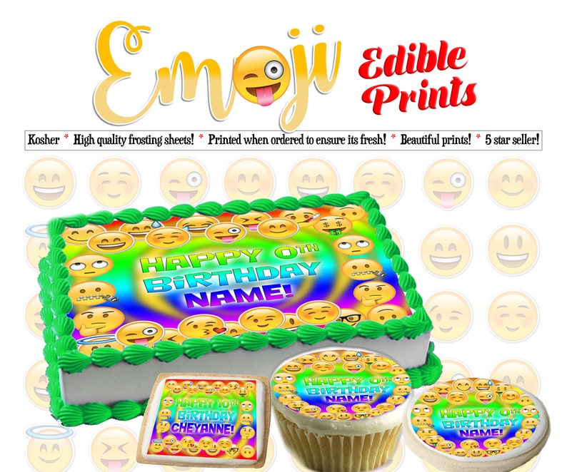 Emoji Birthday Edible Cake Toppers Custom Topper Picture Etsy