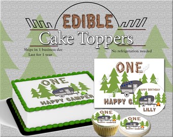 Custom edible One Happy Camper, cookie and cupcake toppers. Images printed on sugar frosting paper, camping picture Outdoors hiker