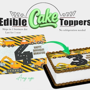 Construction Birthday Cake Topper - Edible Image for Any Age - kids Dump Truck, Bulldozer, Excavator Theme - Custom Name & Number work zone