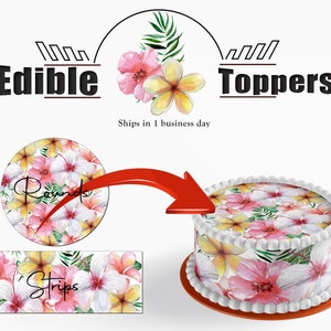 Edible pink Tropical leaves and flowers pattern. Birthday cake wraps and strips. Hibiscus, palm and fern  picture. Sugar frosting paper.
