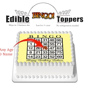 Topper de gâteau d’anniversaire d’image comestible de carte de bingo personnalisée. L'image comestible est réalisée avec du papier glacé au sucre. Pour les gâteaux plats.