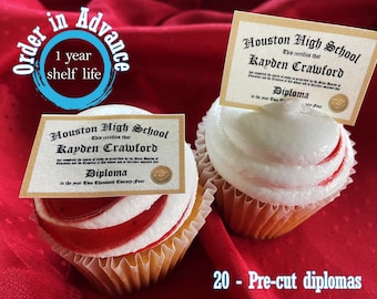 20 essbare Cupcake-Topper oder knusprige Reis-Leckereien mit individuellen Abschlussdiplomen. Zuckergusspapier Klasse 2024, Miniatur-College-Highschool