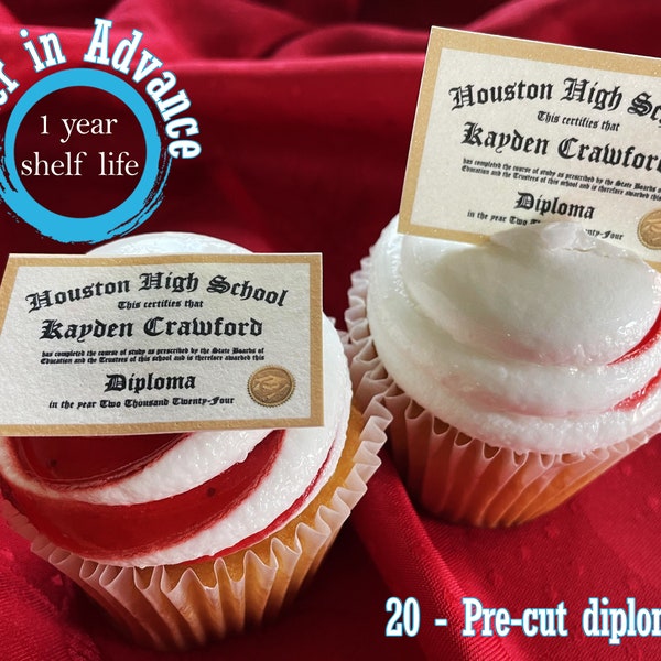 20 diplomas de graduación personalizados, adornos comestibles para cupcakes o delicias crujientes de arroz. Papel de azúcar glaseado Clase de 2024 escuela secundaria universitaria en miniatura