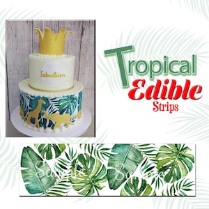 Edible Tropical leaves jungle pattern. Birthday cake wraps and strips. Banana, palm and fern leaves picture. Sugar frosting paper.