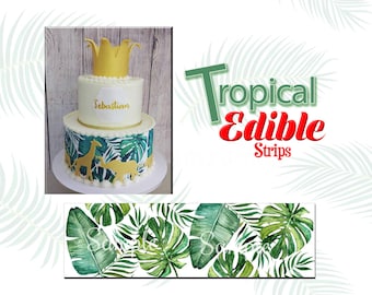 Edible Tropical leaves jungle pattern. Birthday cake wraps and strips. Banana, palm and fern leaves picture. Sugar frosting paper.