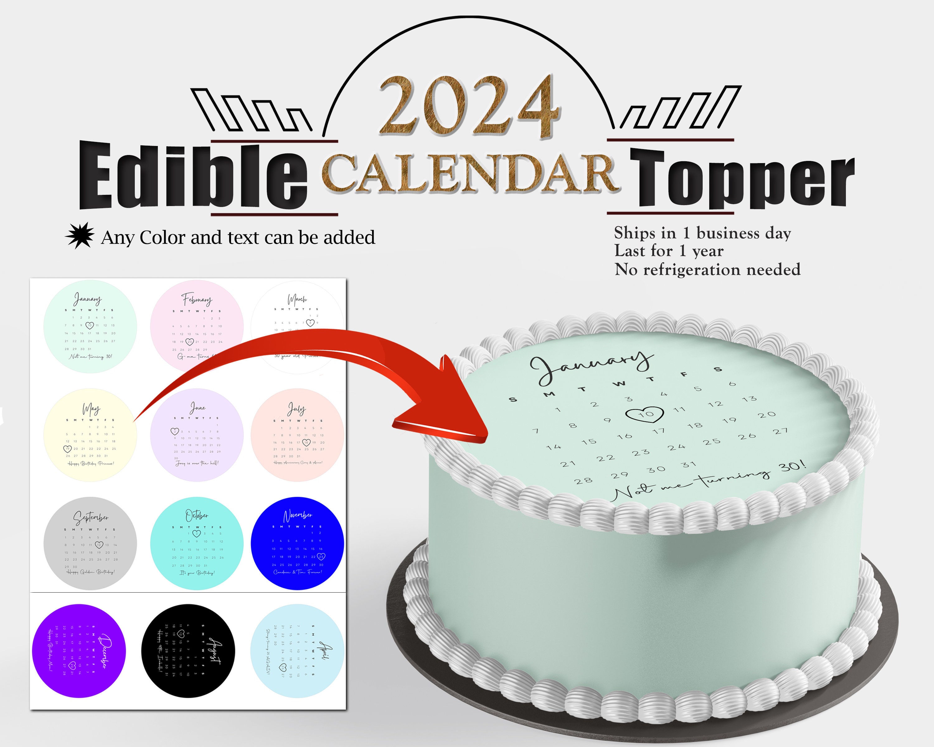 24 Pre-Cut Round 2024 Bright New Year's Eve Edible Wafer Paper Cake Toppers