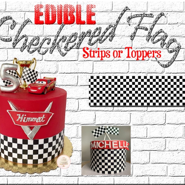 Edible black and white checkered flag cake wraps and strips. For cakes, cupcakes and cookies checkers