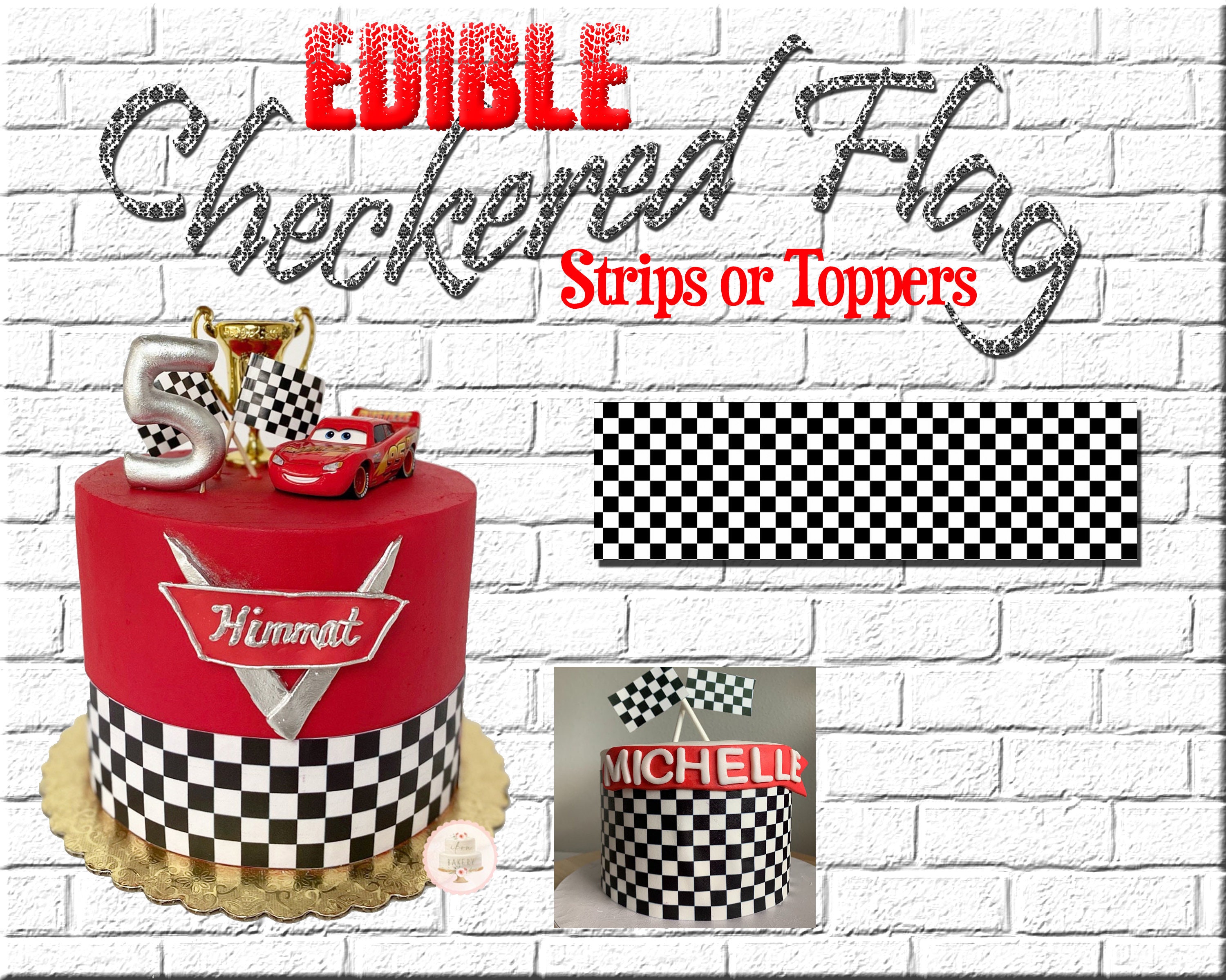 Edible black and white checkered flag cake wraps and strips. For cakes, cupcakes and cookies checkers