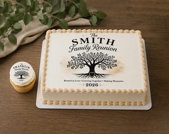 Custom Family Reunion edible topper for cakes, cupcakes, cookies. Picture made with sugar frosting paper. Family tree