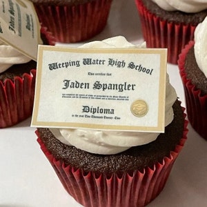 20 Custom Graduation Diplomas edible Cupcake toppers or rice crispy treats. Frosting sugar paper Class of 2024 miniature College High school image 6