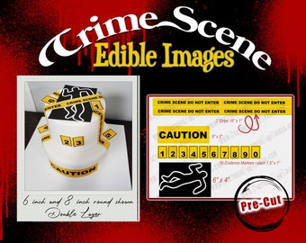 Edible crime scene decals for cakes. Images are made from sugar frosting paper. Criminal justice, detective, halloween, criminology forensic
