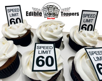Twenty Edible Speed Limit Sign for birthday cupcakes, cookies and rice crispy treats. Any age. Sugar frosting paper. 16 30 40 50 55 60 65 10