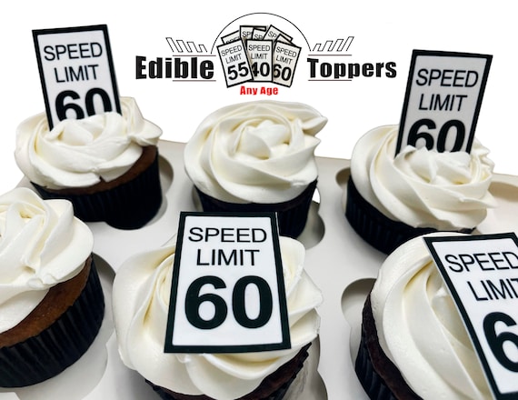 Twenty Edible Speed Limit Sign for birthday cupcakes, cookies and rice crispy treats. Any age. Sugar frosting paper. 16 30 40 50 55 60 65 10
