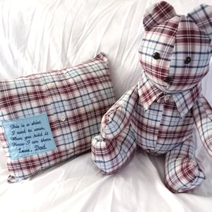 Personalize keepsake Memory Bear & Pillow Set Made From Loved Ones Clothes