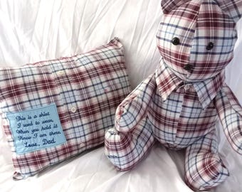 Personalize keepsake Memory Bear & Pillow Set Made From Loved Ones Clothes