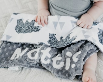 Gray Bears Lovey Blanket with Name - Personalized Baby Boy Blanket - Soft Little Minky Security Blanket - Custom Gift for Woodland Nursery