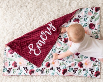 Personalized Floral Baby Blanket with Burgundy Dimple Dot Minky - Baby Size shown in Photos - Soft Name Blanket for Custom Baby Girl Gift