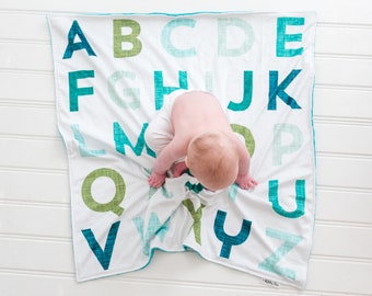 Teal Personalized Baby Blanket - Alphabet Minky Blanket - ABC Nursery Gift - Neutral Baby Blanket - Plush Baby Boy Blanket with Name