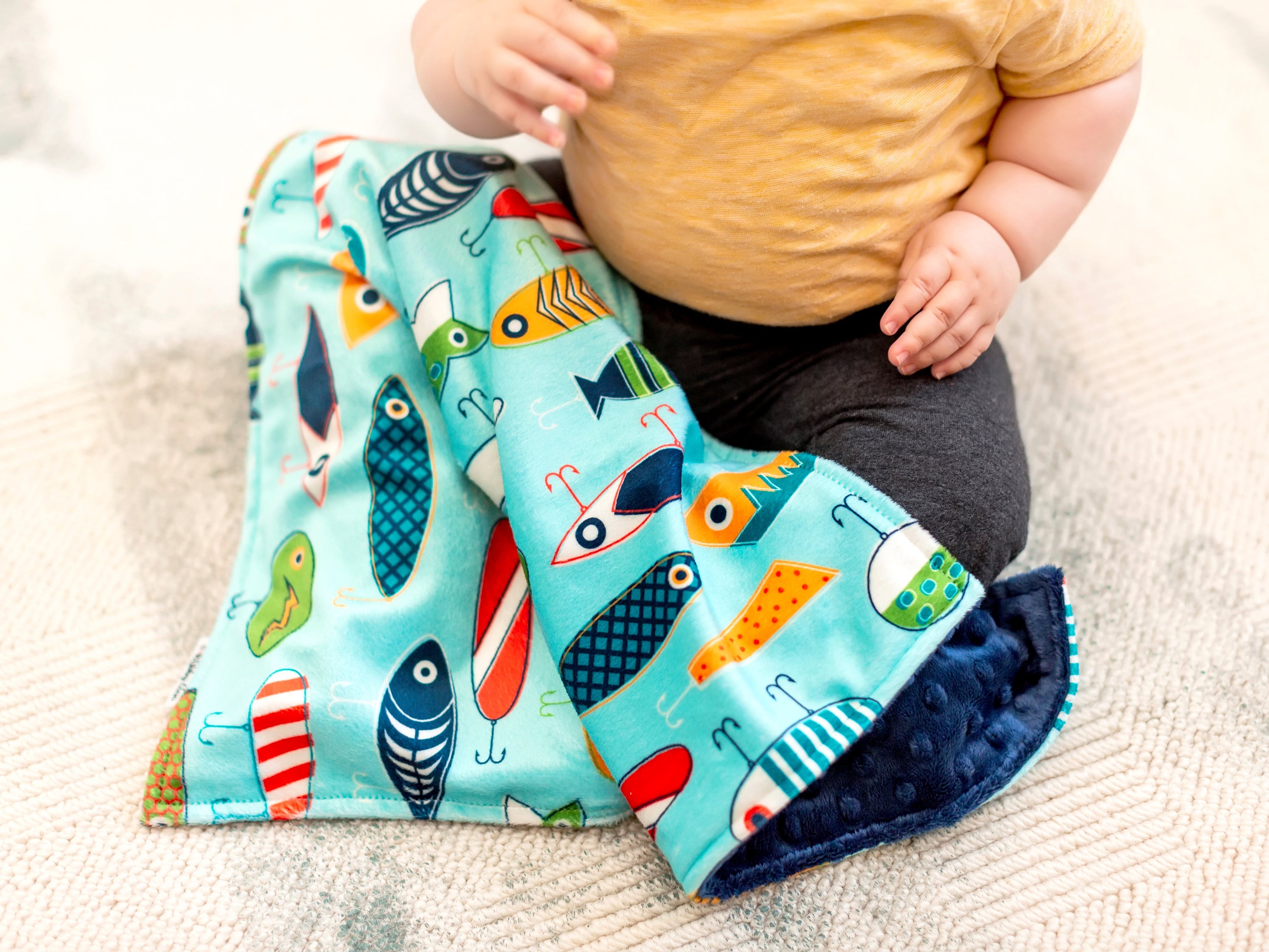READY TO SHIP 17x17 Inches Small Fish Hooks Blanket With Navy Dimple Dot  Minky Little Lovey Blanket for Your Fishing Nursery 