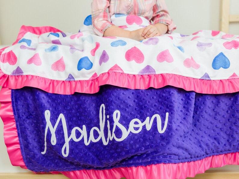 Pink and Purple Hearts Minky shops Blanket with Name and Satin Ruffle - Personalized Baby Girl Blanket - Soft Toddler Girl Bedding