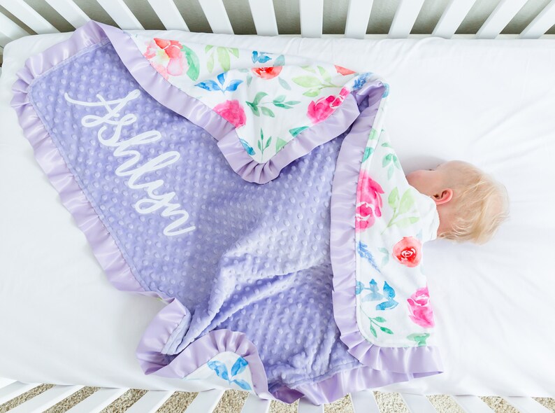 Lavender Floral Baby Blanket With Name and Satin Ruffle Etsy
