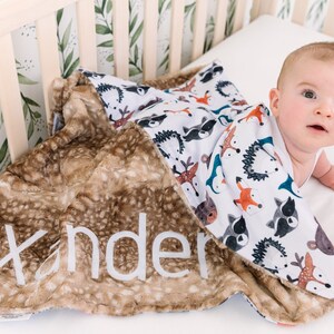 Personalized Baby Boy Blanket with Woodland Animals and Brown Fawn Minky Fur - Soft Toddler Bedding with Name - Woodland Nursery Baby Gift