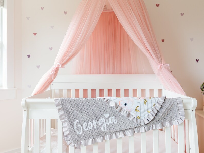 Personalized Gray Baby Girl Blanket With Satin Ruffle Soft Etsy