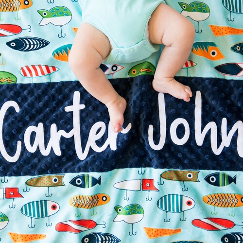 Personalized Fish Hook Baby Boy Blanket Navy Minky Crib Etsy