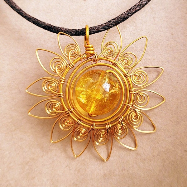 Sun necklace, sun pendant, citrine jewelry, golden color necklace, copper wire sun, wire wrapped sun , citrine sun ,