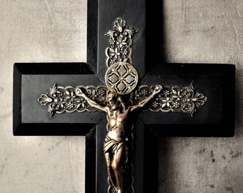 Antique French Wood & Metal Religious Cross Crucifix with Holy Water Font Benitier. Ebony wood.