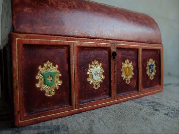 Antique Jewelry Box/ Leather and Velvet Box/ Embos
