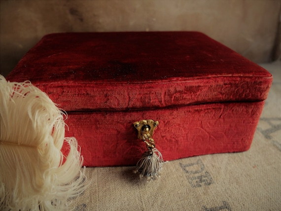 Antique Jewelry Box/ Wooden Box with Brocade Velve