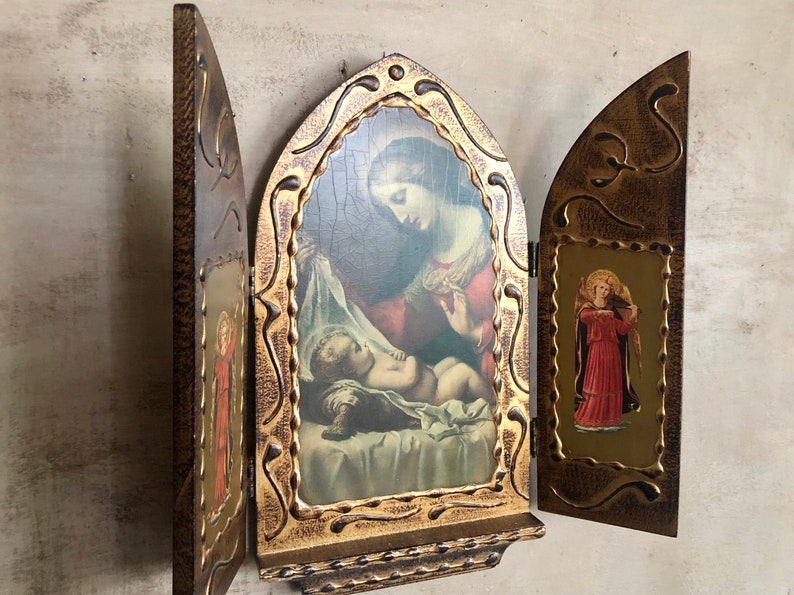 Antique Religious Triptych/ Religious Decor/Virgin Mary whit image 0