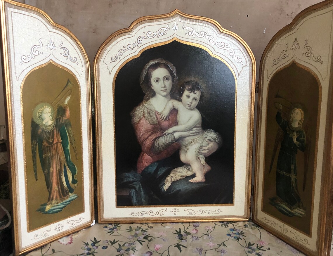 Antique  Extra Large  Devotional Religious Triptych  Angels image 2