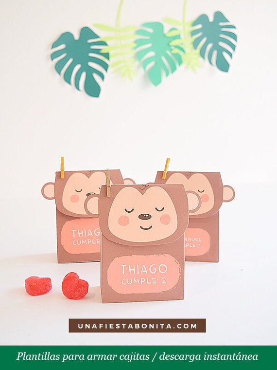 Archive PDF Box for surprises animals jungle, monkey, template to assemble box, birthday, baby shower, christening, first year Il_570xn