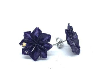 Jewelry origami Earrings, chip nails, blue-purple dahlia, Origami Jewelry, Origami flower studs