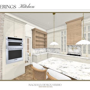 Può includere: Rendering di una cucina con mobili bianchi, un'isola con piano in marmo e un forno a incasso. Il design comprende una cappa in legno, lampade a sospensione e una vista su una zona pranzo. Il testo in alto recita "FINAL RENDERINGS Kitchen".