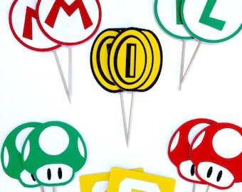Mario Cupcake Toppers, Super Mario Bros Party Topper, Mario Birthday Party, Gamer Party, Kids Birthday, Luigi, Mushroom, Video Game Birthday