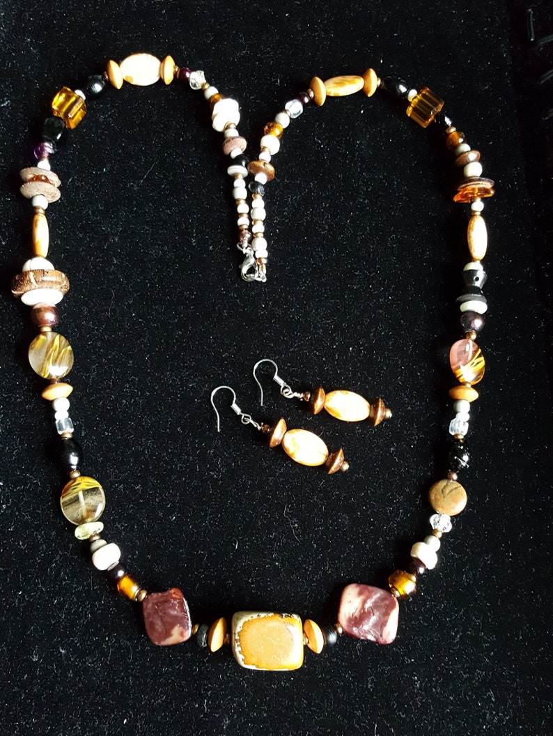 Wood Boho TheCountyMagpie Bone Shell Desert Jasper Necklace /& Earring Set Earth and Fire Statement Jewellery Natural Stone